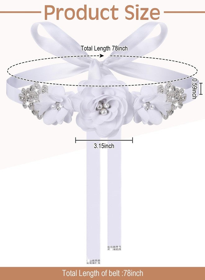 Glitopper Wedding Bridal Belt Sash with Flower Rhinestone Pearl for Bride Bridesmaid Maternity Flower Dress(White) - Image 2